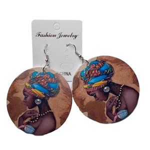 Wooden hand painted round drop earrings